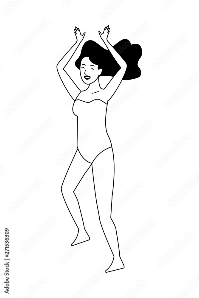 Young woman in swimsuit cartoon in black and white