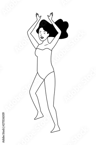 Young woman in swimsuit cartoon in black and white