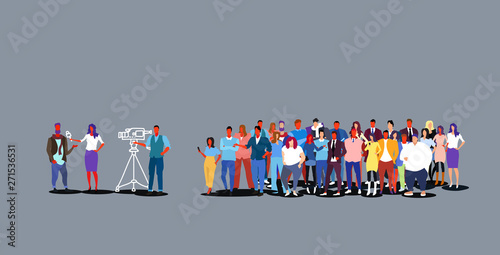 businesspeople crowd looking at female presenter interviewing with crew reporter taking interview with man mass media announcement concept horizontal sketch doodle horizontal