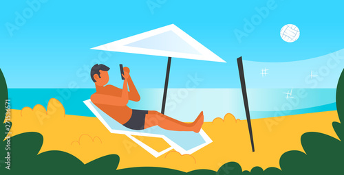 man sunbathing on beach guy in swimwear using smartphone lying on sun lounger under umbrella summer vacation concept seaside background male character full length flat horizontal
