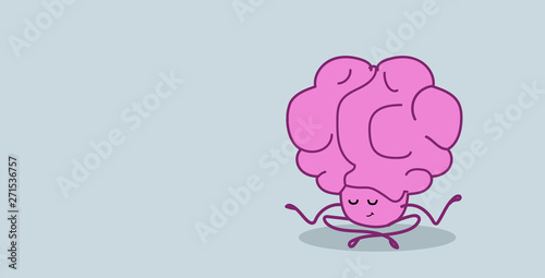 human brain sitting lotus pose doing yoga exercise relaxation meditation concept pink cartoon character kawaii style horizontal