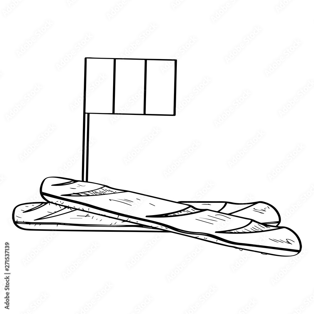 Fototapeta premium Isolated baguette with a flag. Traditional french bread - Outline Vector