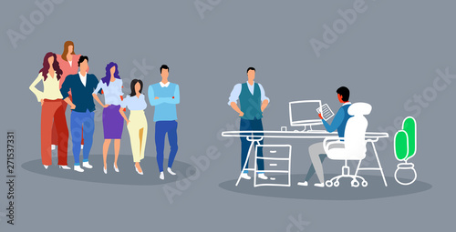 hr manager holding cv resume of businessman over businesspeople group at interview curriculum vitae recruitment candidate job position concept sketch doodle horizontal full length