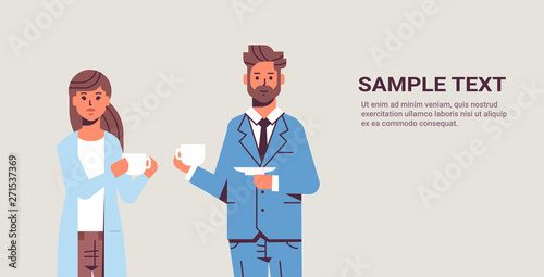 businesspeople couple drinking cappuccino during meeting business man woman discussing colleagues standing together coffee break concept flat copy space portrait horizontal