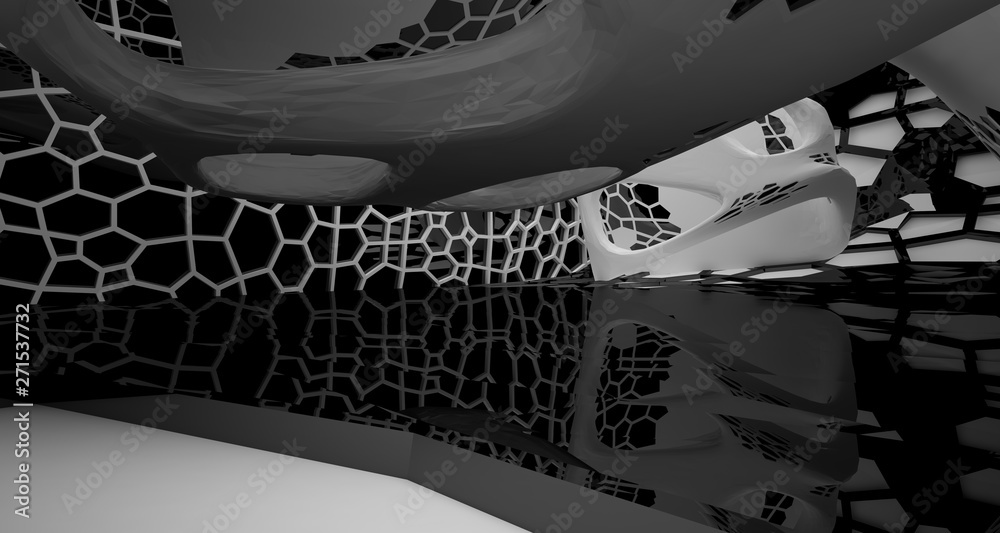 Abstract white and black interior multilevel public space with window. 3D illustration and rendering. Abstract white and black interior multilevel public space with window. 3D illustration and rendering.