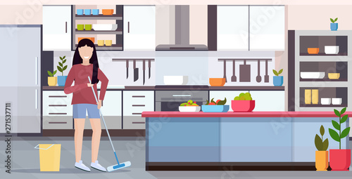 housewife mopping floor woman cleaner doing housework girl holding mop cleaning concept modern kitchen interior full length flat horizontal