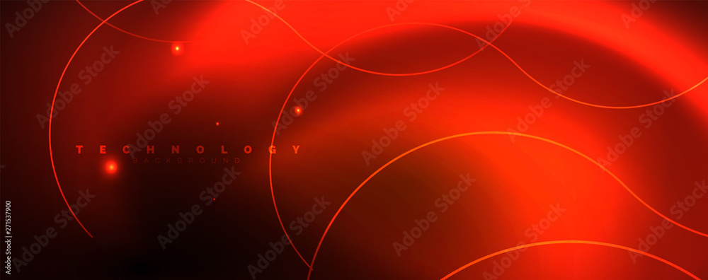 Bright neon circles and wave lines, glowing shiny background design template, digital techno concept. Bright neon circles and wave lines, glowing shiny background design template, digital techno concept.