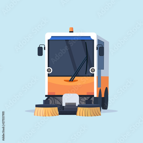 modern street sweeper truck industrial vehicle cleaning machine urban road service concept flat