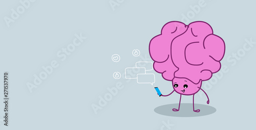 cute human brain organ using smartphone mobile app chat bubble online communication social median network concept kawaii style pink cartoon character sketch horizontal