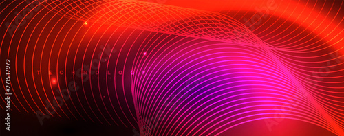 Shiny neon lights  dark abstract background with blurred magic neon light curved lines