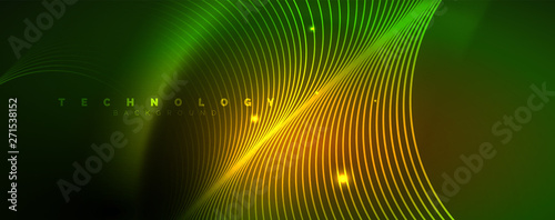 Shiny neon lines template - northern lights glowing blur lines. Futuristic style glow neon 80s disco club or night party techno template