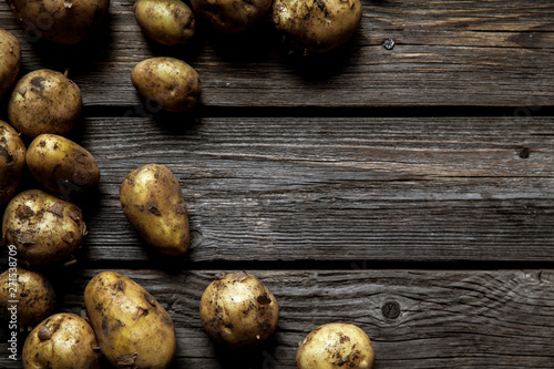 fresh organic potatoes varieties over plank rustic background