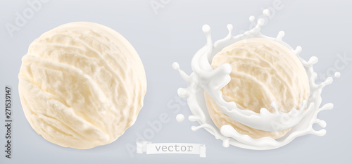 Ball of ice cream and splash of milk. 3d realistic vector