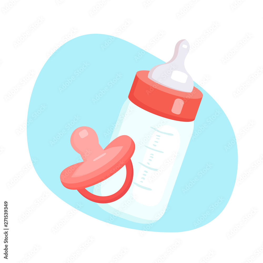 Flat illustration of baby bottle with milk and pacifier. Artificial feeding  of babies. Object is separate from background. Child cartoon illustration  for animation, cards, invitations Stock Vector | Adobe Stock