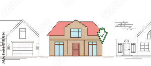 Horizontal outline drawing of a country house with a security shield. Smart home with alarm on the background of ordinary homes. The house is guarded. Line art for banner, card and your design.