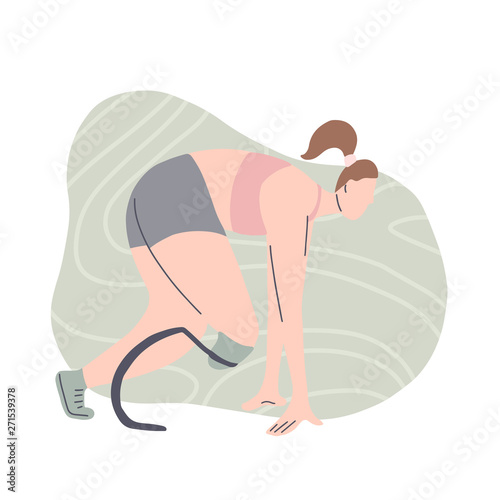 Flat illustration of girl runner with prosthetic leg. Marathon runner at the start. Stylized strong athletic woman. Sport for all. Vector art