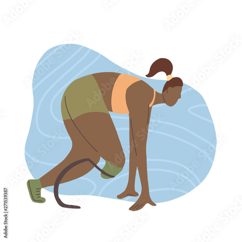 Flat illustration of african girl runner with prosthetic leg. Marathon runner at the start. Stylized strong athletic woman. Sport for all. Vector art for card, article and your creativity