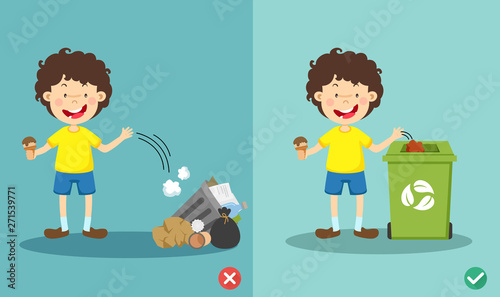 Do not throw littering on the floor,wrong and right.vector illustration