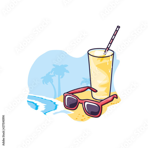 refresh juice in the beach with sunglasses