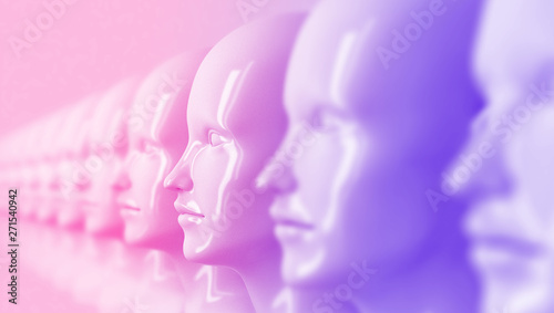 Abstract background with many identical out-of-focus female doll faces, one of which is in focus 3D illustration