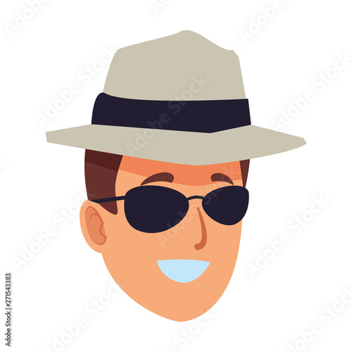 Young man with sunglasses and hat face cartoon vector illustration