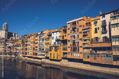 Girona. Colorful houses on the river Onyar. Beautiful town of Girona  Catalonia  Spain