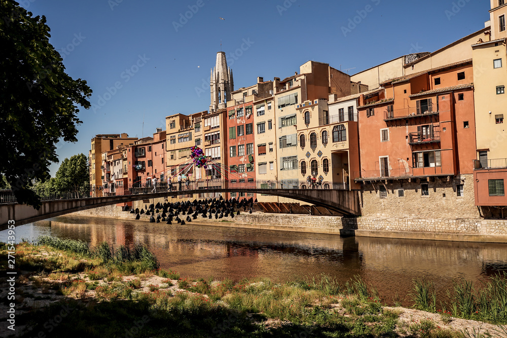 Girona. Colorful houses on the river Onyar. Beautiful town of Girona, Catalonia, Spain