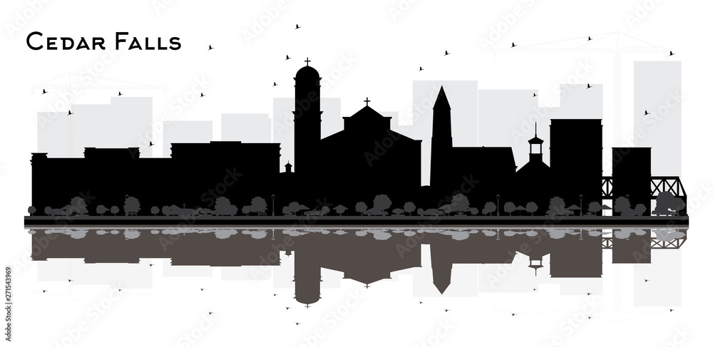 Cedar Falls Iowa City Skyline Silhouette with Black Buildings and Reflections Isolated on White.