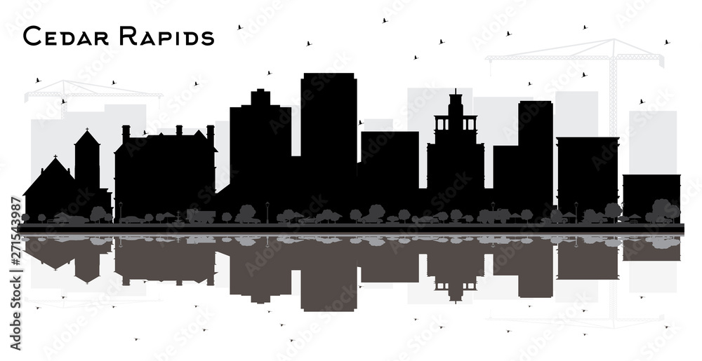 Cedar Rapids Iowa City Skyline Silhouette with Black Buildings and Reflections Isolated on White.