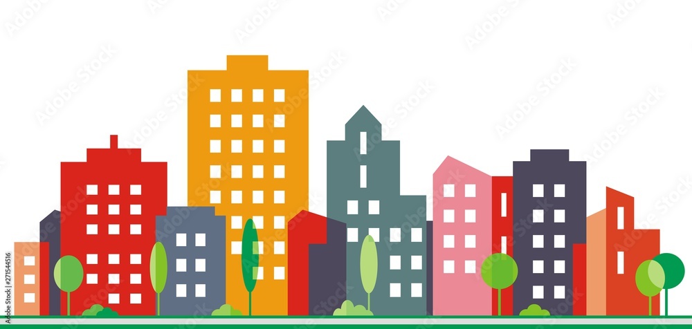 City and urban greenery, vector illustration. Silhouette of colorful houses. Colored plasten on facades. Street with trees. Modern living in the city.