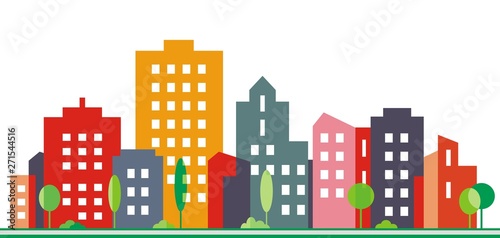 City and urban greenery  vector illustration. Silhouette of colorful houses. Colored plasten on facades. Street with trees. Modern living in the city.