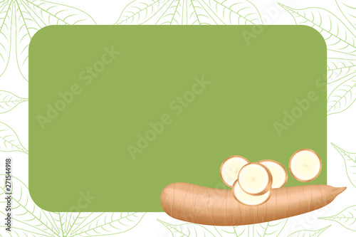 banner frame of cassava fresh for copy space, cassava cut slice for tapioca flour industry or ethanol, pile yucca cassava tuber on frame, raw manioc cassava on template banner green background empty
