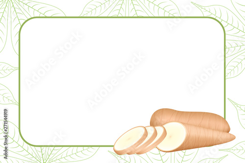 banner frame of cassava fresh for copy space, cassava cut slice for tapioca flour industry or ethanol, pile yucca cassava tuber on frame, raw manioc cassava on template banner green background empty