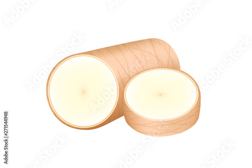 raw cassava fresh isolated on white background, cassava cut slice for tapioca flour industry or ethanol industry, pile yucca cassava tuber, raw manioc cassava in top view