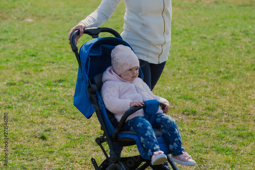 Young mother with a baby in a stroller in a summer park.