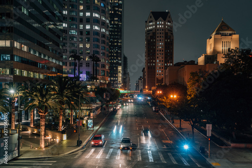 Night cityscape view of 5th street in downtown Los Angeles, California
