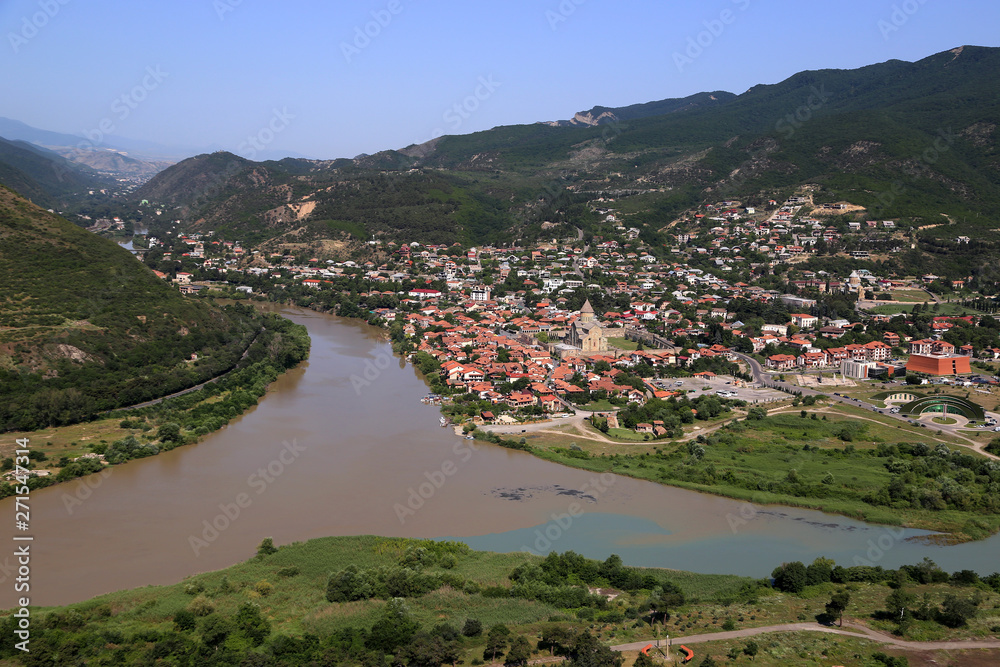 View from the observation deck of the Jvari Monastery on the city of Mtskheta near the confluence of the Aragvi and Kura rivers.