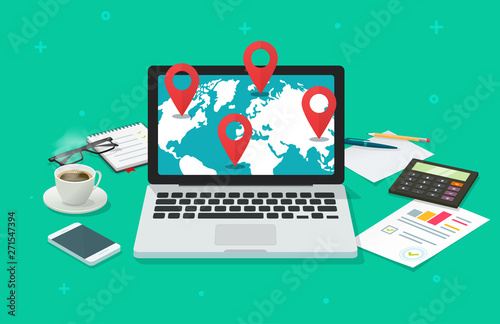 Global international destination or navigation online analysis vector illustration, flat cartoon laptop computer world map and pin pointers, global gps locations or logistic routines research desktop