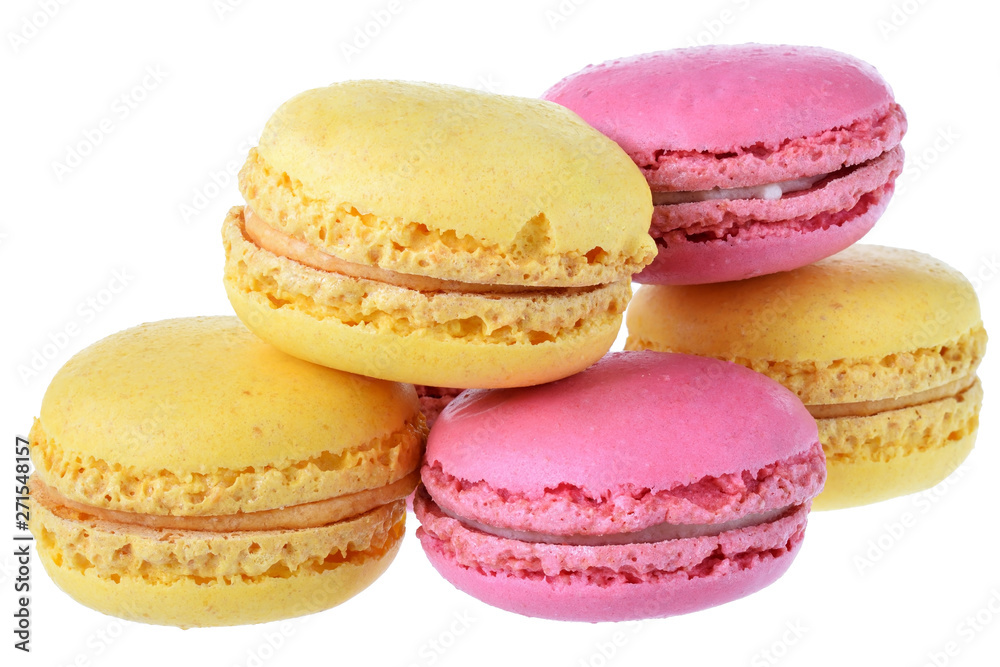 Pink strawberry and peach macarons isolated