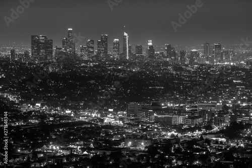Cityscape view of the downtown skyline at night, from Griffith Observatory, in Los Angeles, California