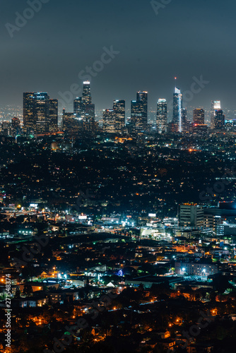 Cityscape view of the downtown skyline at night, from Griffith Observatory, in Los Angeles, California