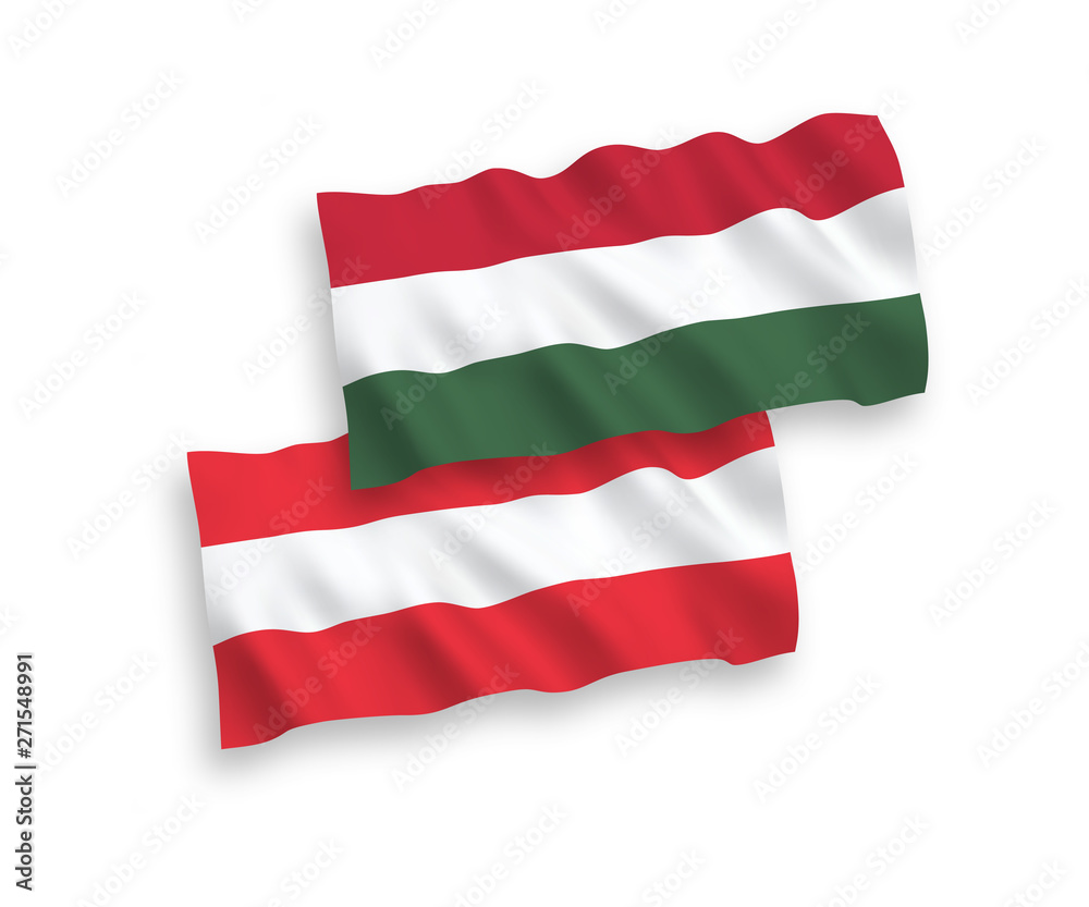 National vector fabric wave flags of Austria and Hungary isolated on white background. 1 to 2 proportion.