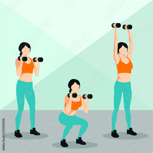 woman doing squats exercise with dumbbells. vector illustration with background. - vector