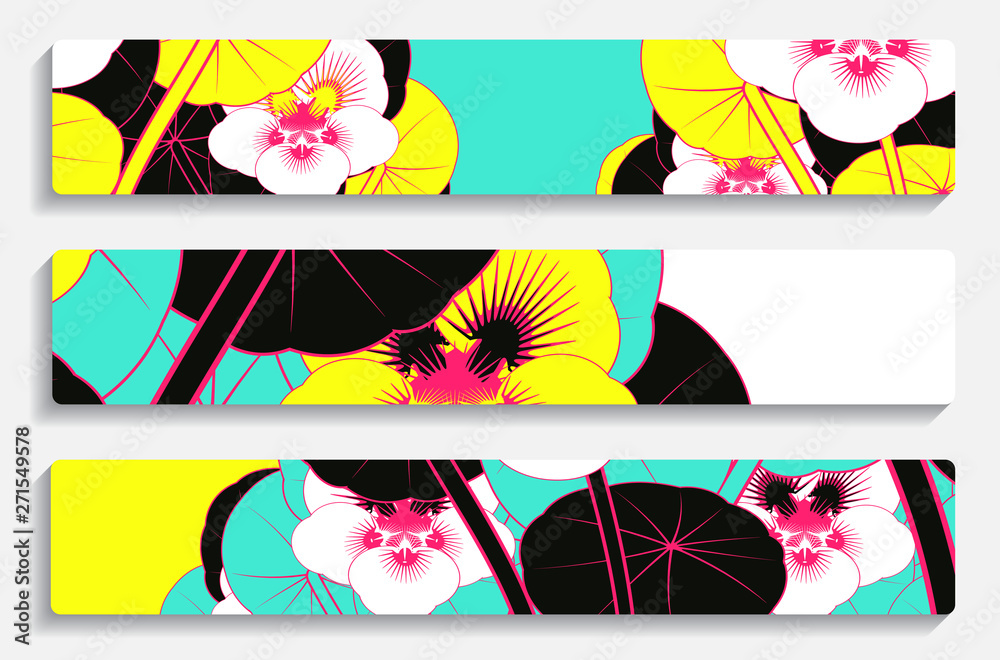 banners set with jungle flowers in bright pop shades