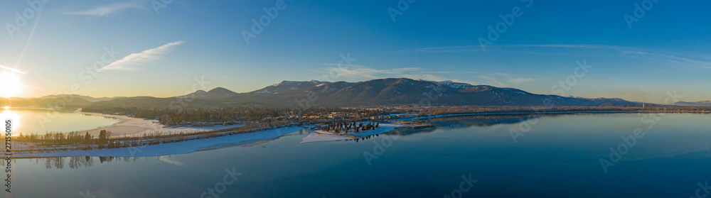 Sandpoint Idaho USA Aerial Sunset Waterfront Winter Panorama