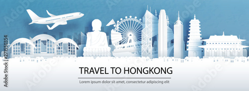 Travel advertising with travel to Hong Kong concept with panorama view of city skyline and world famous landmarks in paper cut style vector illustration.