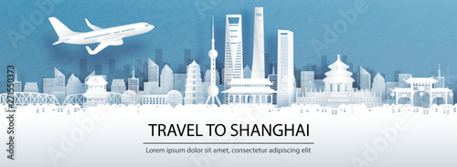 Travel advertising with travel to Shanghai concept with panorama view of Shanghai city skyline and world famous landmarks in paper cut style vector illustration.