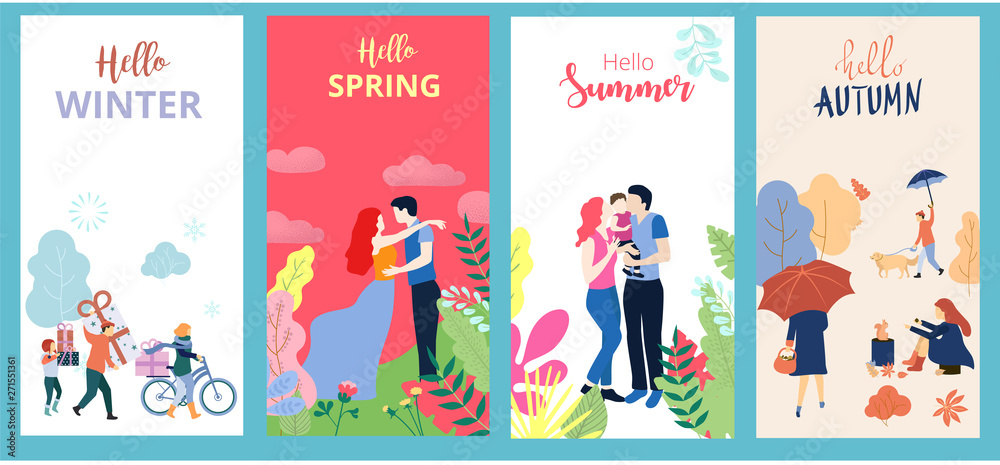 Fototapeta premium Hello summer, spring, autumn, winter. Set of posters or cards with people and outdoor seasonal entertainment.