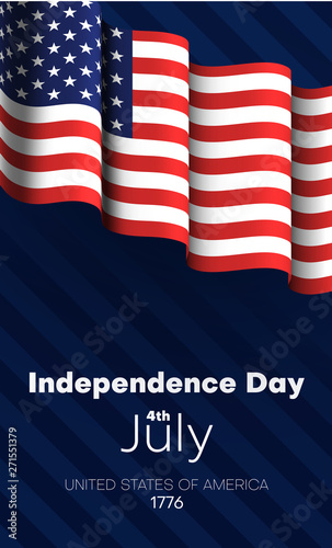 Independence Day of USA, July 4th. American flag on blue striped background.