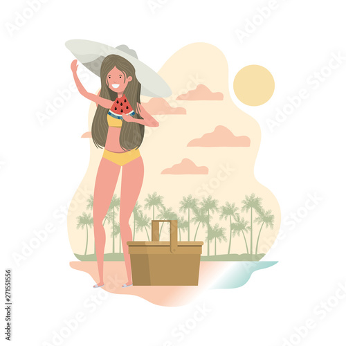 woman with swimsuit and portion of watermelon in hand